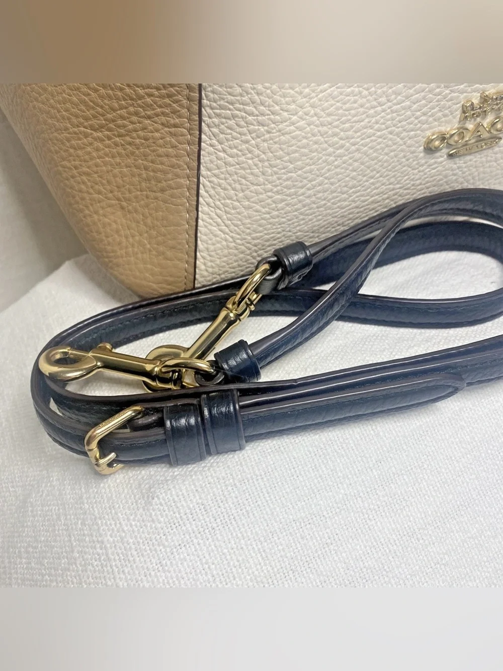 Coach Tri-Tone Leather Satchel - Cream, Tan & Navy